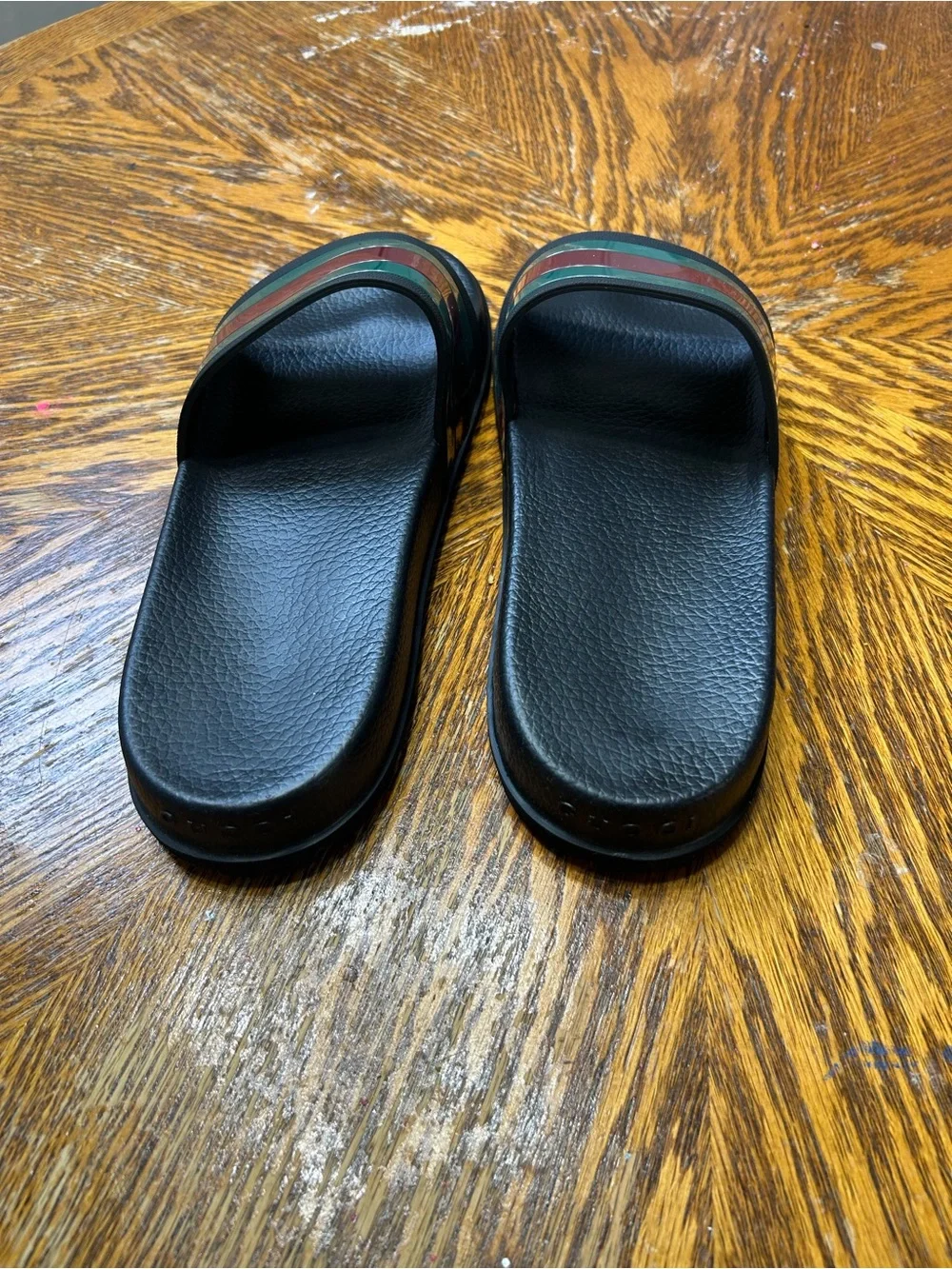 Gucci Black Slides with Green and Burgundy Stripes